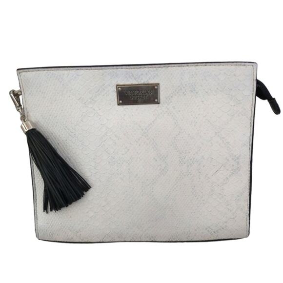 Victoria's Secret Silver and White Faux Leather Clutch Makeup Tote Tassel Zipper - Picture 2 of 12